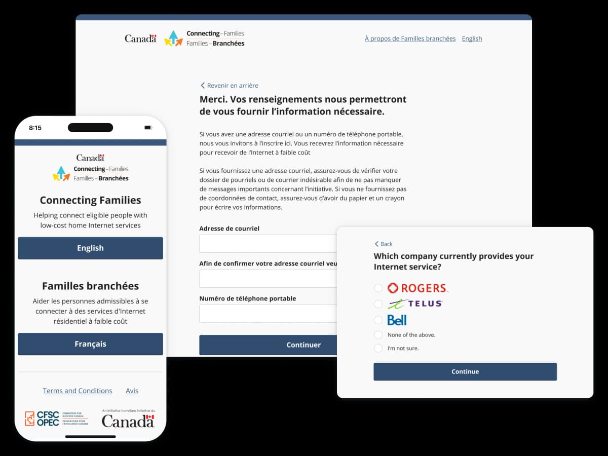 Collection of desktop and mobile screenshots the Connecting Families - Familles branchées website, with English and French language options and a variety of web forms.