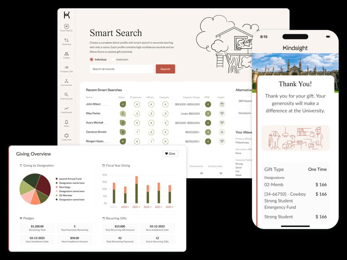 Collection of desktop and mobile screenshots showing a Smart Search heading, charts, and tables.