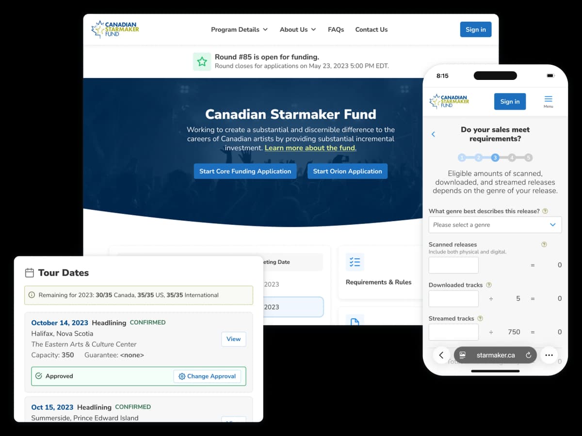 Composite of screenshots of the Starmaker web system showing desktop and mobile screens for managing tour dates, claiming funds, an artist profile, and sales requirements.