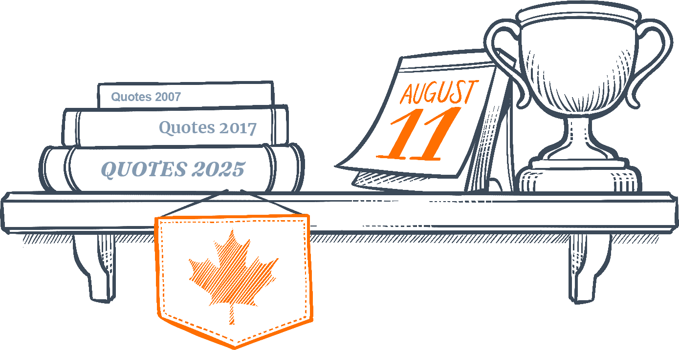 A shelf containing: a pile of books, a Canadian flag, a calendar on August 11, and a trophy
