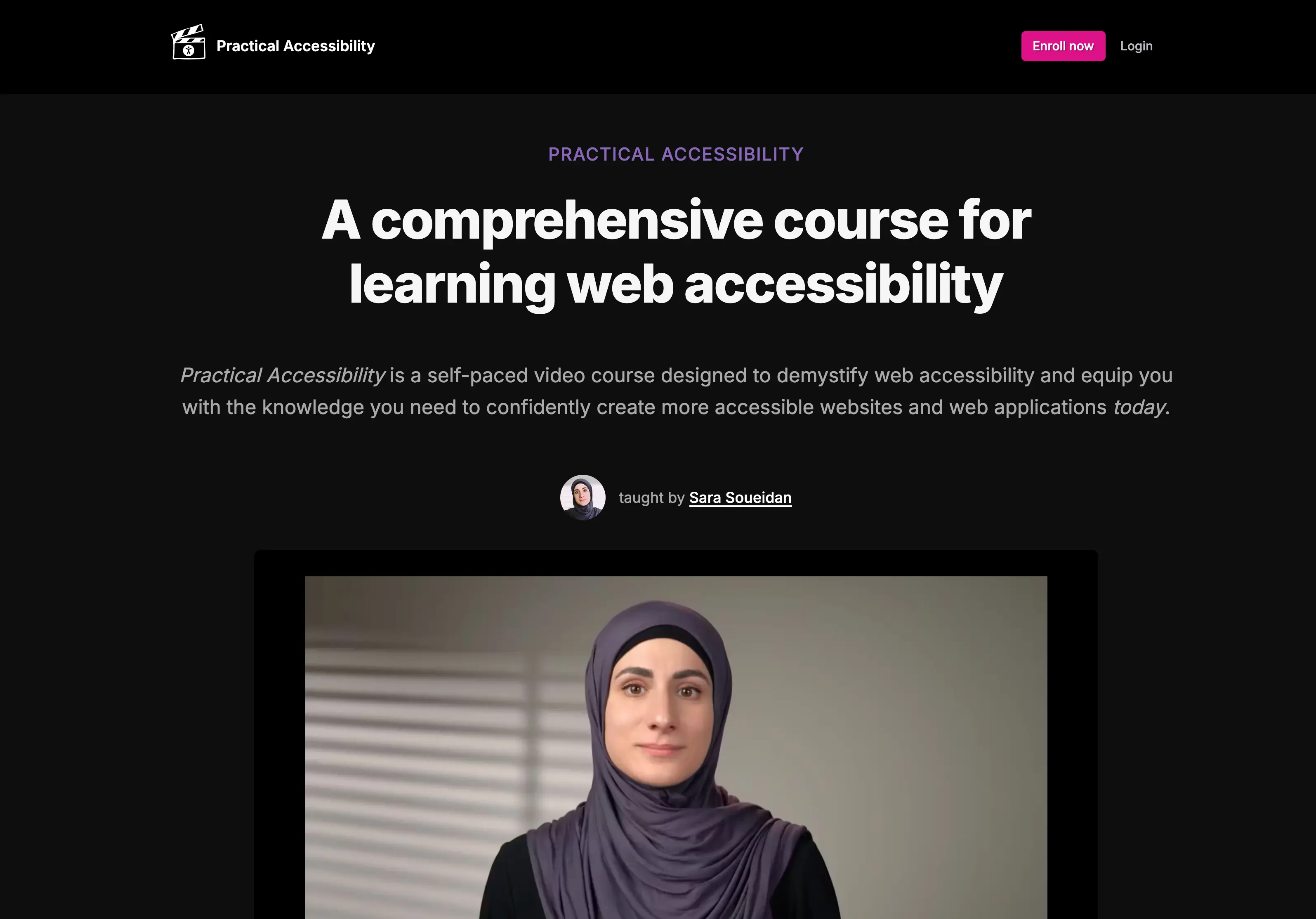 Screenshot of the Practical Accessibility website with a headline reading 'A comprehensive course for learning web accessibility' and a photo of the instructor, Sara Soueidan