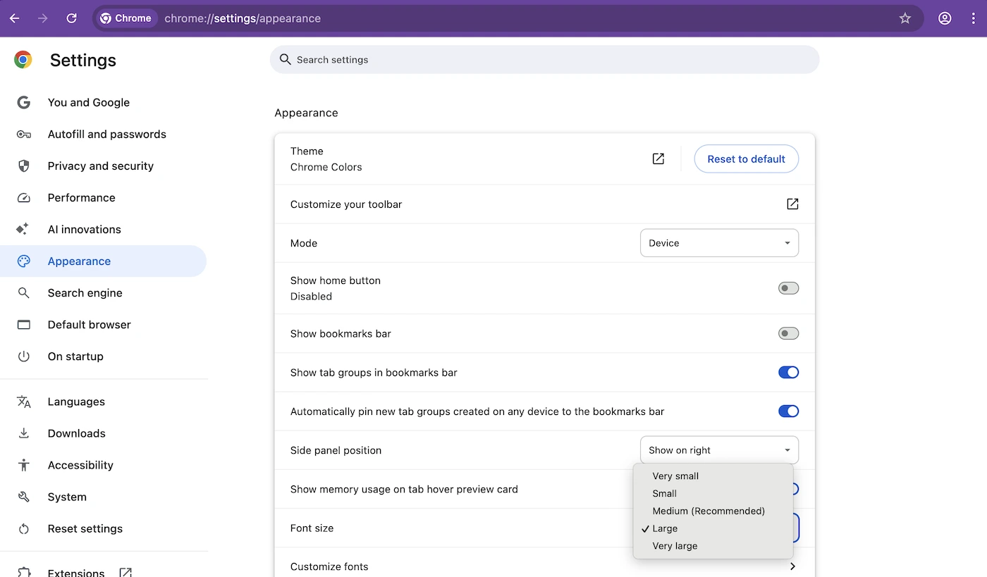 Under Chrome settings for Appearance, the dropdown for Font Size says Large is selected.