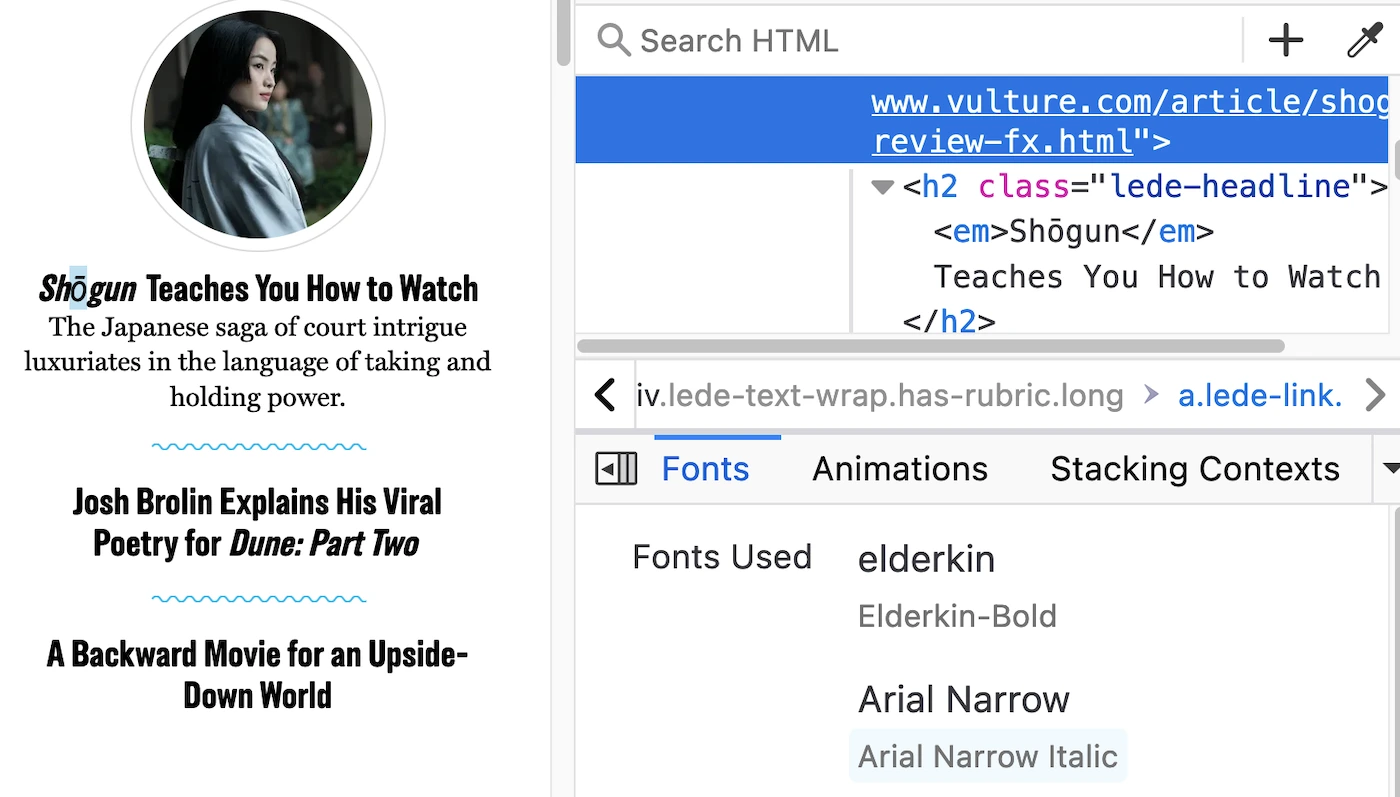 Vulture website has an article discussing the TV show Shōgun. Dev tools are open on the side to show two fonts are used: the intended Elderkin font and a generic fallback Arial font for the character Elderkin can't render.
