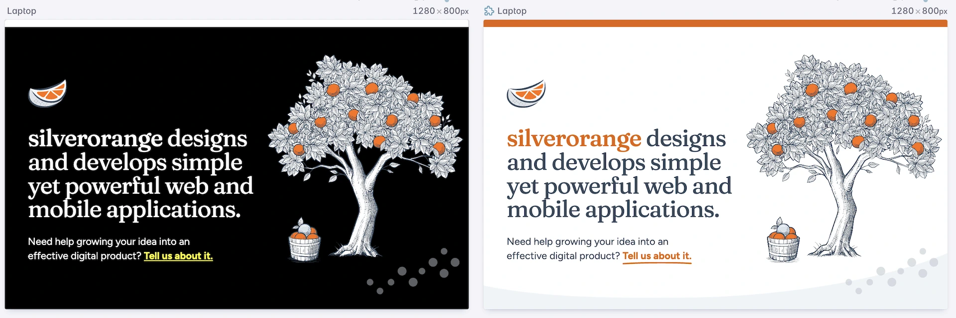 Two websites at desktop screen size side-by-side. The first is in dark High Contrast Mode, with the white tree illustration standing out against the dark background and a simple underline on the bright yellow link. The second site is not in High Contrast Mode: the tree illustration melds with the white background and the orange link has a fancy curved underline.